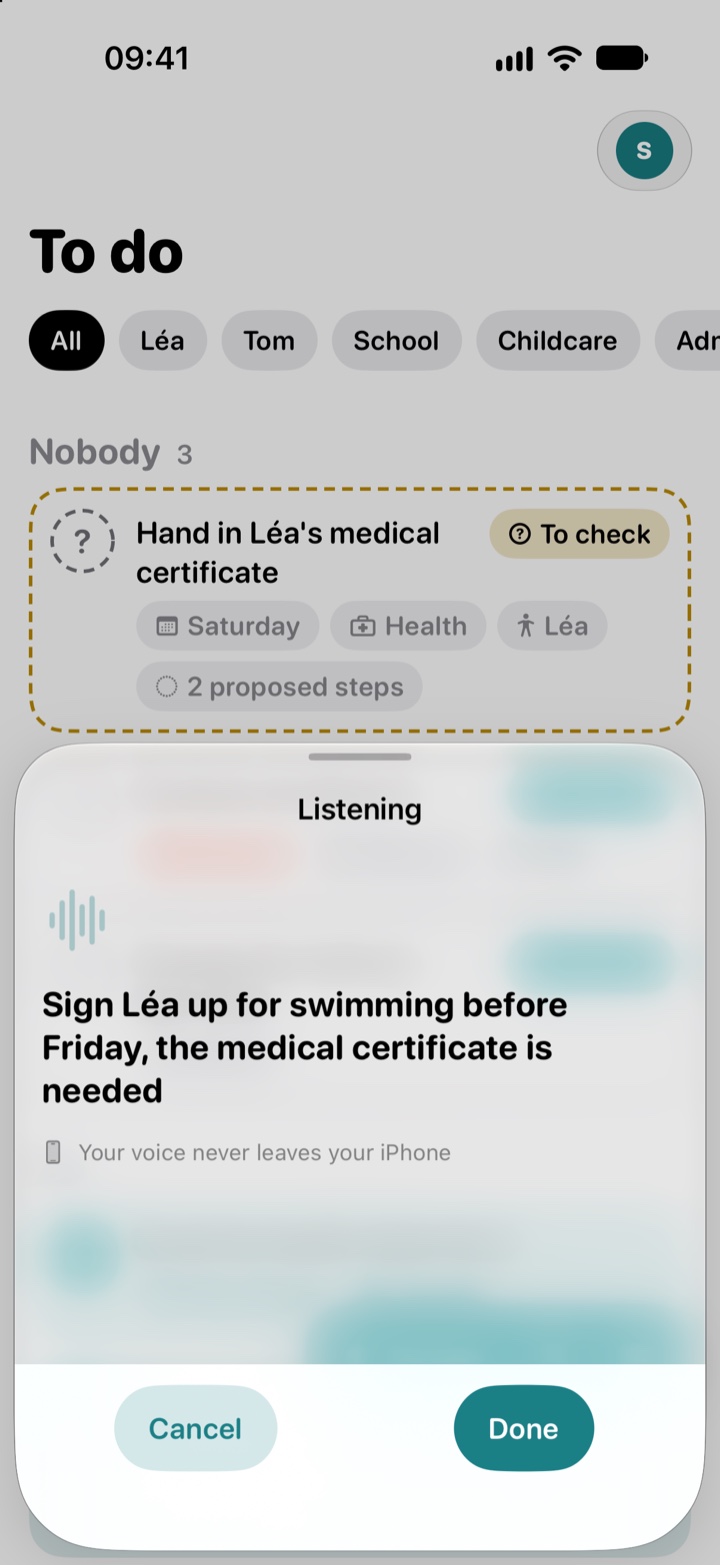 The Fiou! dictation screen, with “Listening”, the dictated sentence “Sign Léa up for swimming before Friday, the medical certificate is needed” and the line “Your voice never leaves your iPhone”.