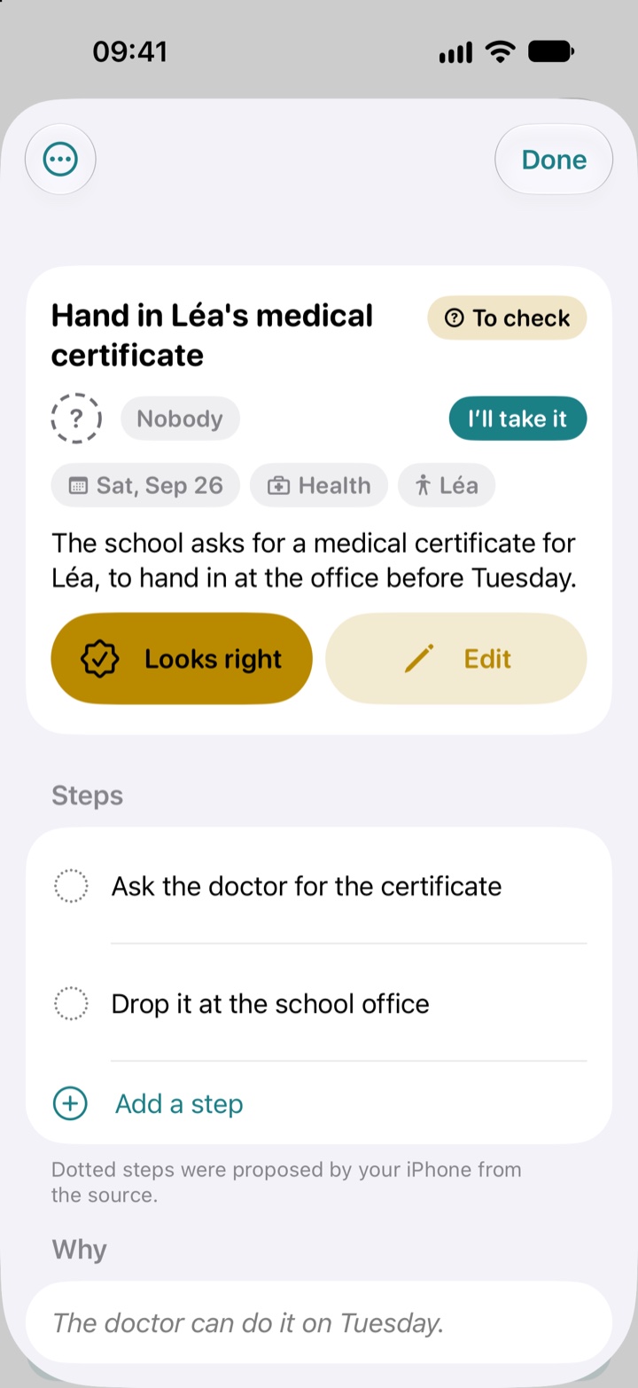 A task the iPhone prepared, to check: “Hand in Léa’s medical certificate”, not taken by anyone yet, with its date, the Health category, Léa, a summary of the letter, the Looks right and Edit buttons, and two proposed steps.