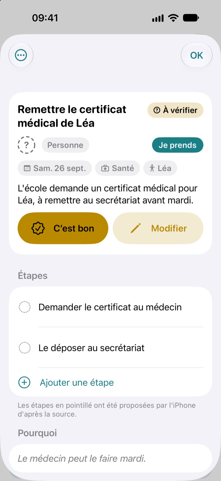 Une tâche préparée par l’iPhone, à vérifier : « Remettre le certificat médical de Léa », que personne n’a encore prise, avec sa date, la catégorie Santé, Léa, le résumé de la lettre, deux étapes proposées et les boutons C’est bon et Modifier.