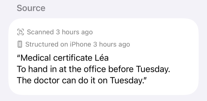 Where a scanned task came from: “Scanned 3 hours ago”, “Structured on iPhone 3 hours ago”, then the text of the letter.