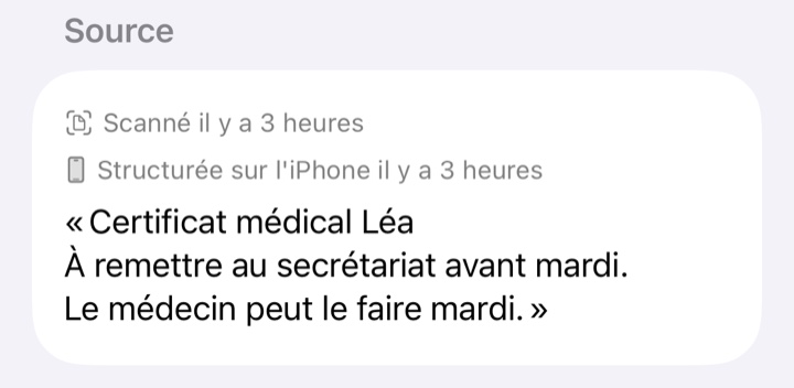 La source d’une tâche scannée : « Scanné il y a 3 heures », « Structurée sur l’iPhone il y a 3 heures », puis le texte de la lettre.