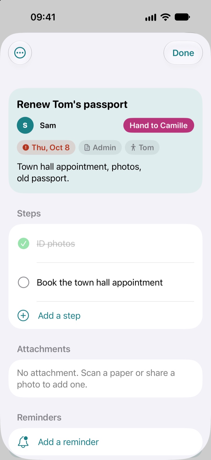 A task Sam has taken: “Renew Tom’s passport”, with its deadline, one step done and one to do, and the Hand to Camille button.