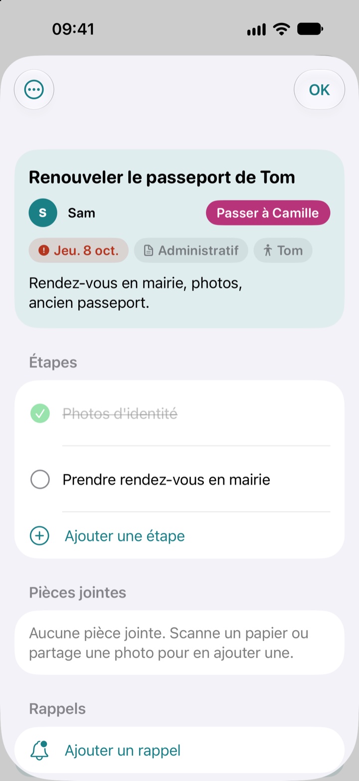 Une tâche prise par Sam : « Renouveler le passeport de Tom », avec sa date limite, une étape faite, une autre à faire, et le bouton Passer à Camille.