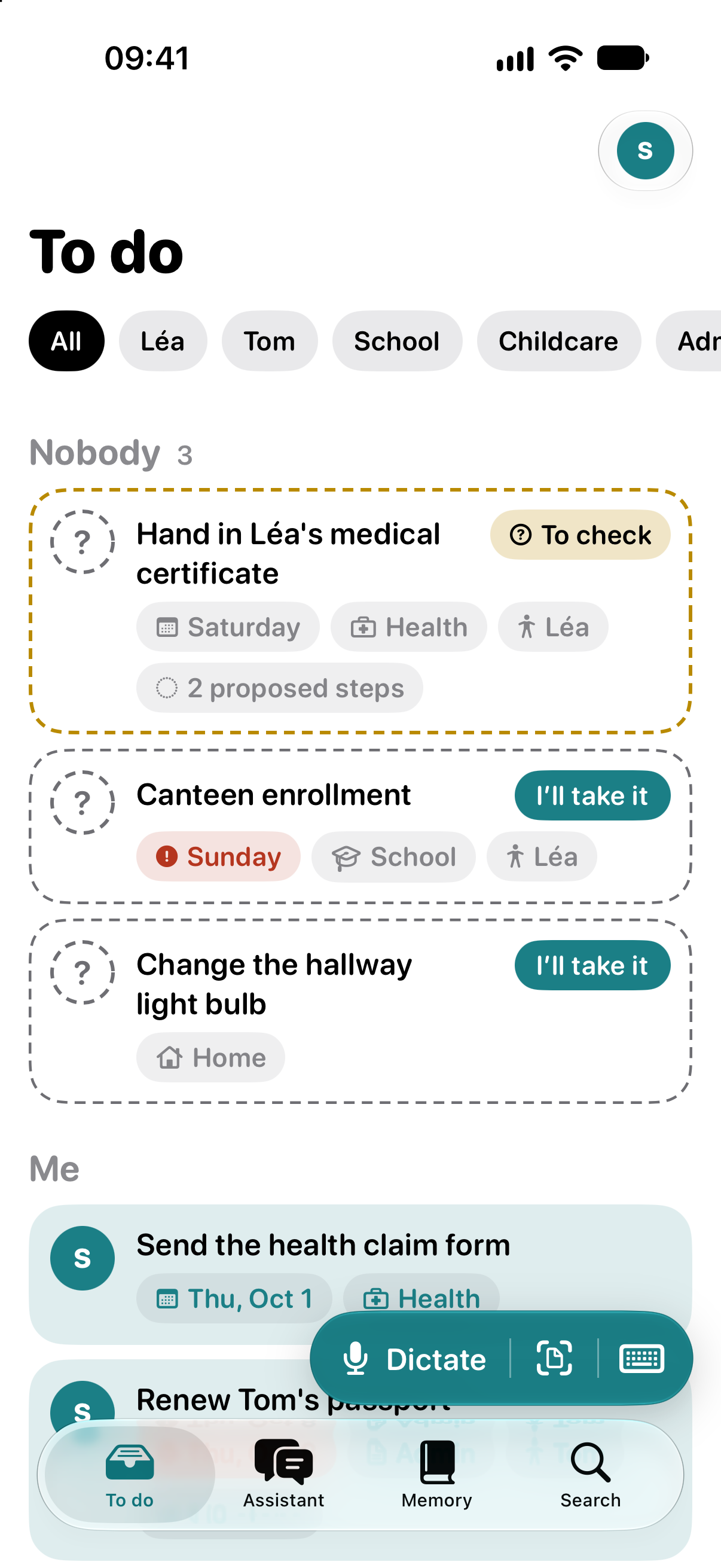 The Fiou! To do screen. At the top, under “Nobody”, three dashed tasks no one has taken yet: Léa’s medical certificate to check, the canteen enrollment with its deadline in red, the hallway light bulb; the last two with an I’ll take it button. Further down, under “Me”, the tasks already taken, in their owner’s color.